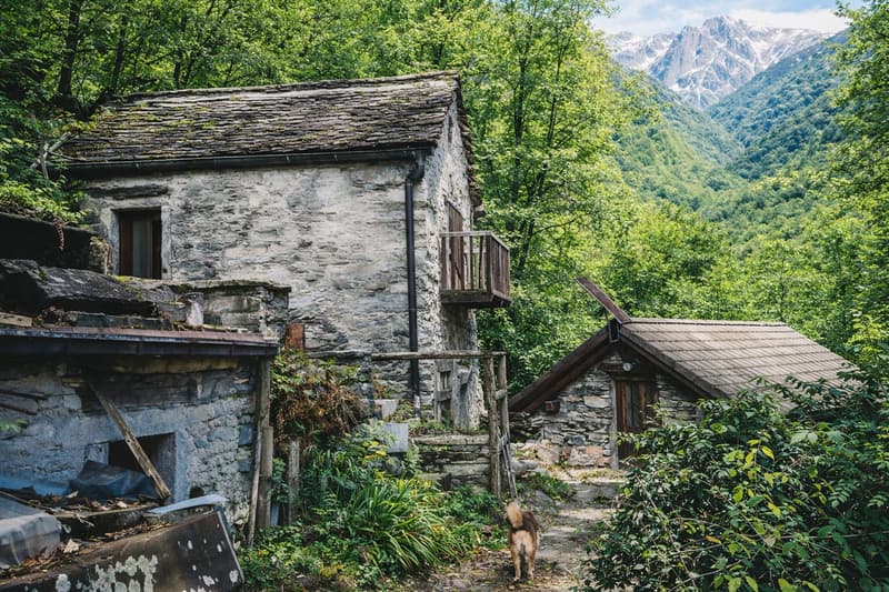 stone house, wooden balcony, surrounded by trees, mountains in the background