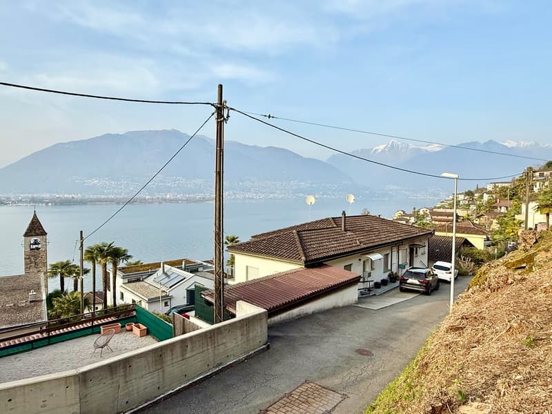 House with brown roof, white walls, car parked in front, surrounded by greenery, mountains and lake in the background