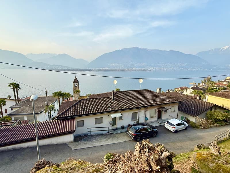 House with brown roof, white walls, two cars parked in front, surrounded by greenery, mountains and a lake in the background