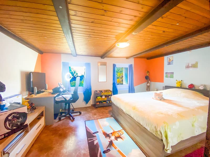 Bedroom with bed, desk, chair, monitor, toys, rug, shelves, and windows with curtains