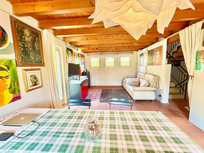 Living room with wooden ceiling, white couch, dining table, paintings, TV, carpet, and chairs