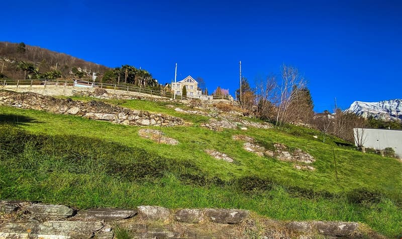 hill with green grass, stone wall, house in the background, mountain in the distance