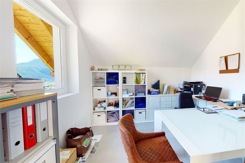 desk, chair, shelves, window, printer, laptop, binders, books, bags