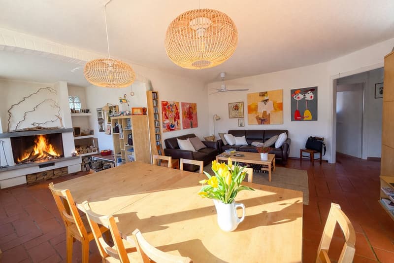 Fireplace, wooden table, wooden chairs, yellow flowers, ceiling fans, paintings, couch, wooden shelves