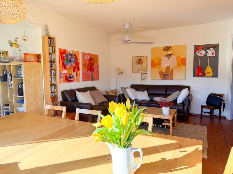 large living room, two sofas, wooden table, flower vase, ceiling fan, bookshelves, paintings on the wall