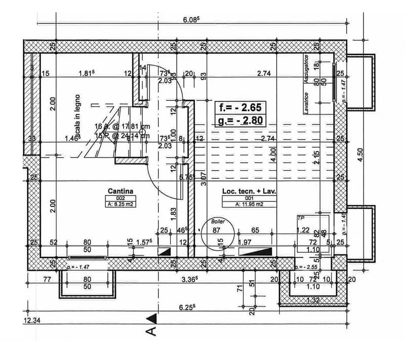 Floor plan with dimensions, Cantina, technical and laundry area, boiler room, and TP