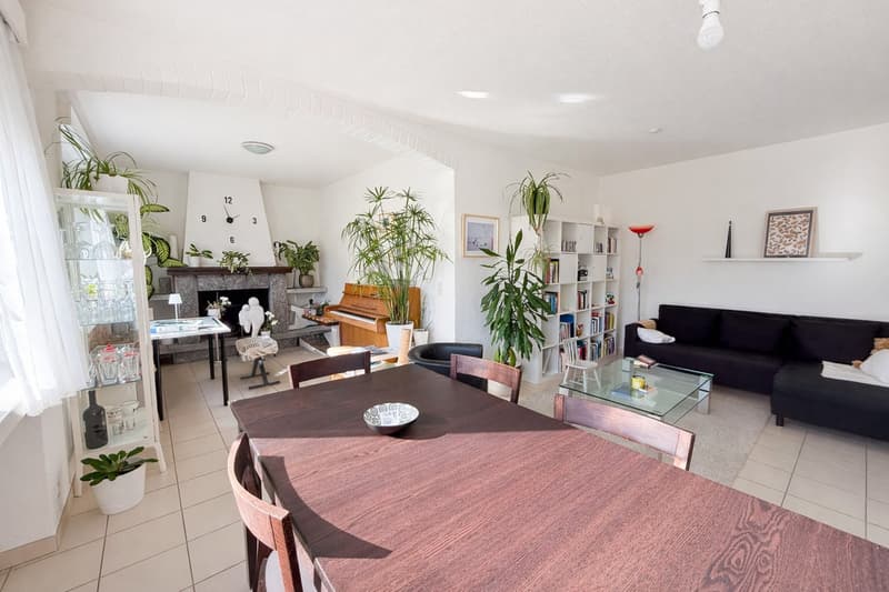 modern living room with fireplace, dining table, couch, bookshelves, plants, and a piano