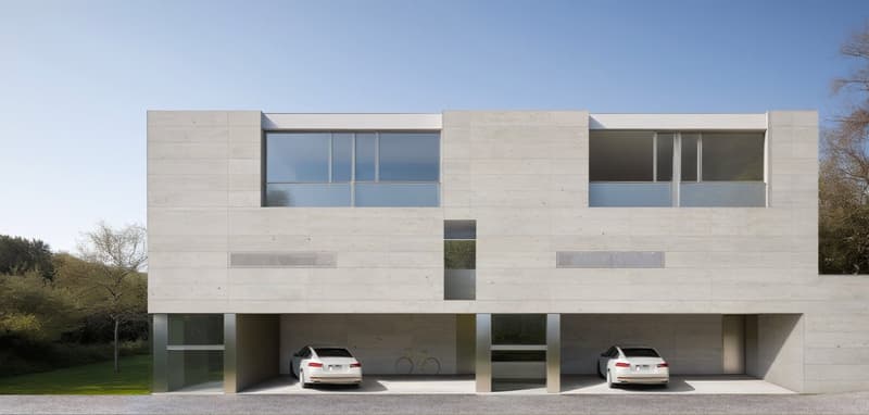 Two-story modern concrete building with large windows, garage spaces for two cars, and a minimalist, geometric design.