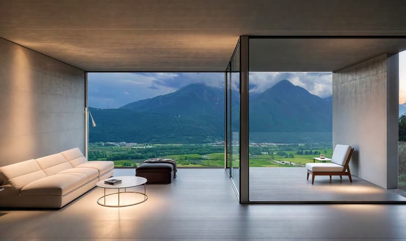 Spacious living room with large windows offering a stunning view of the mountainous landscape. The room features a comfortable sofa, a coffee table, and an armchair. The floor-to-ceiling windows provide an unobstructed view of the scenic outdoor environme