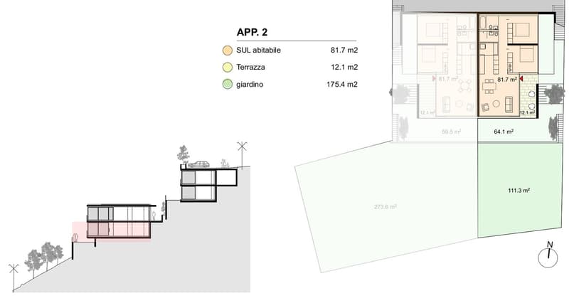 The image shows the floor plan of an apartment (App. 2) with a living area of 81.7 m2, a terrace of 12.1 m2, and a garden of 175.4 m2. The apartment also has a garage and parking place.