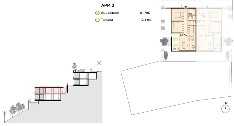 The image shows the floor plan for Apartment 3, which has a total living area of 81.7 m2 and a terrace of 12.1 m2. The apartment consists of a living room, kitchen, 2 bedrooms, and 2 bathrooms.