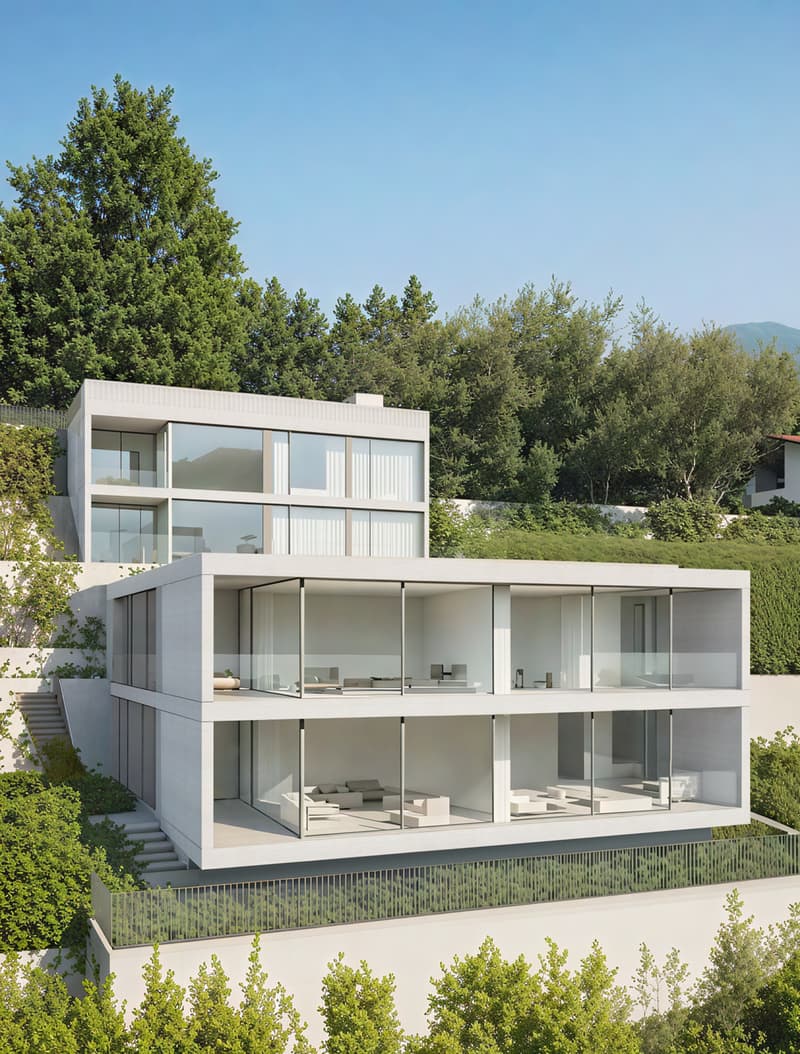 Modern two-story house with large glass windows, balconies, and surrounded by lush greenery