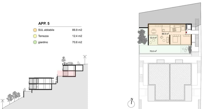 The image shows the floor plan for apartment 5, which has a living room, kitchen, 2 bedrooms, and 1 bathroom. The apartment also has a terrace and a garage.