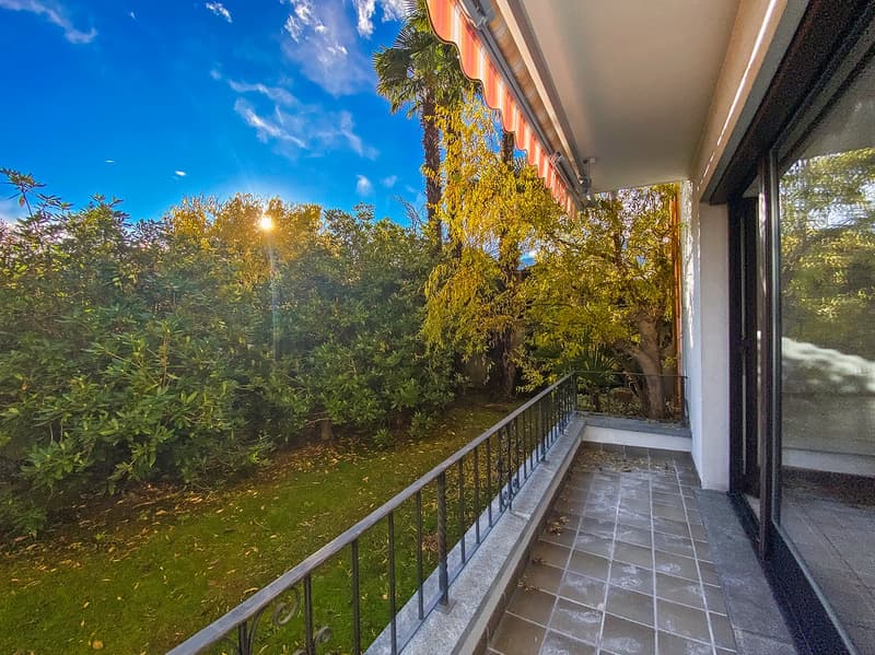 A spacious balcony with a metal railing, a view of lush greenery and trees, a sunny day
