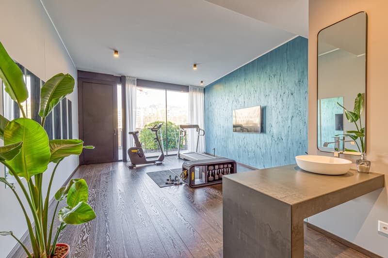 Large room with wooden floor, modern sink, mirror, exercise equipment, plants, large window with white curtains