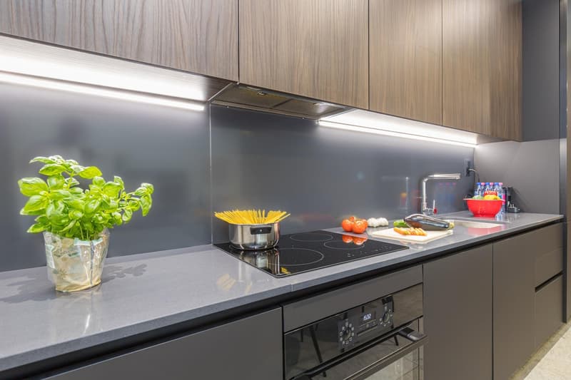 modern kitchen with induction hob, oven, silver sink, wooden cupboards, built-in lighting, potted basil, vegetables, and various kitchen utensils on the counter