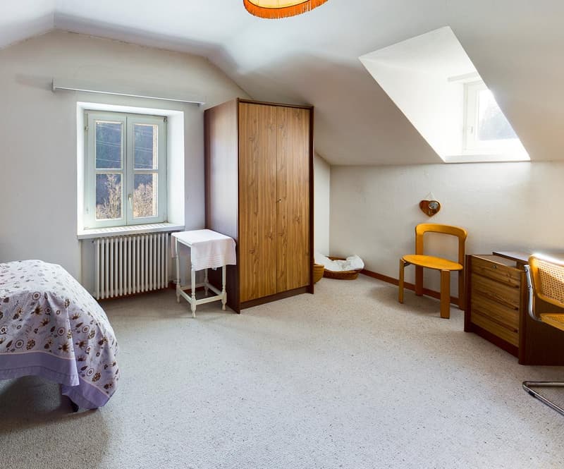 bedroom with bed, wooden wardrobe, desk, wooden chair, radiator, skylight