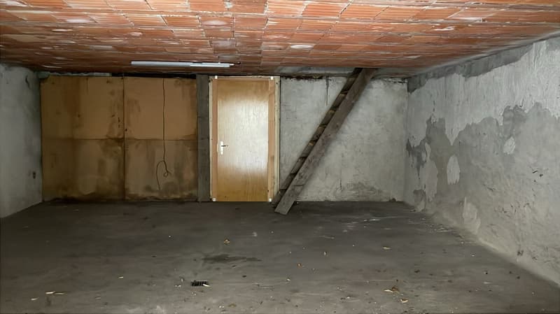Empty room, concrete floor, wooden door, wooden ladder, tiled ceiling