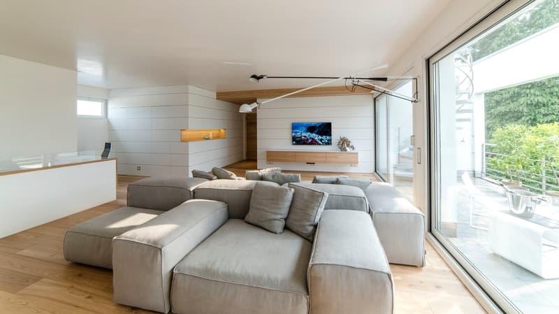 U-shaped sofa, TV mounted on wall, glass walls, wooden floor, balcony, sliding glass doors