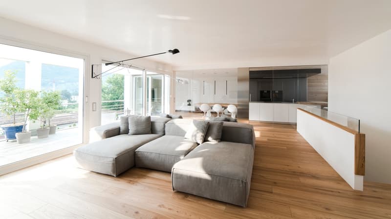 large sectional sofa, wood floor, windows, balcony, trees
