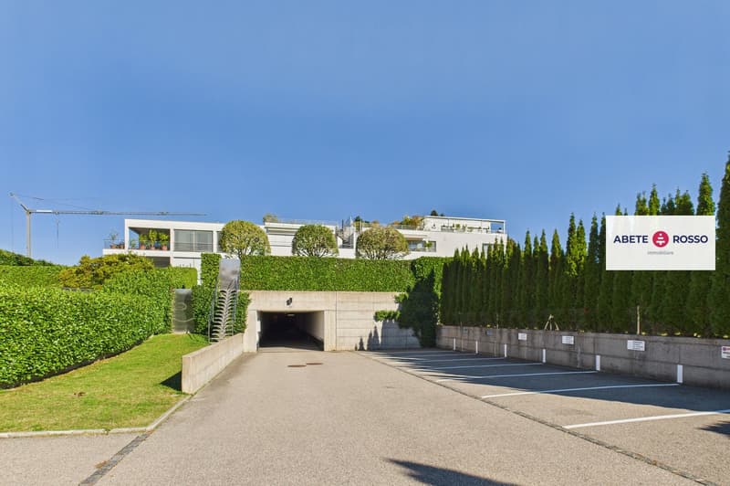 A building with white walls and modern architecture, bushes and trees surrounding it, and a concrete parking lot with several parking spaces.