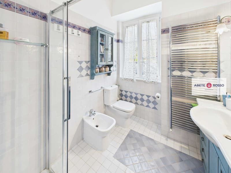 white and blue tiled walls, white sink, white bidet, white toilet, glass shower enclosure, blue cabinet, towel radiator