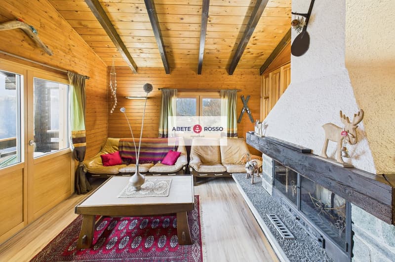 wooden walls, fireplace, two sofas, coffee table, rug, decorative items