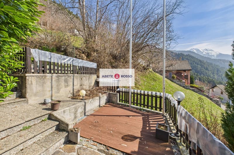 wooden deck, concrete steps, wooden fence, plants, lamp, covered with plastic, mountain view