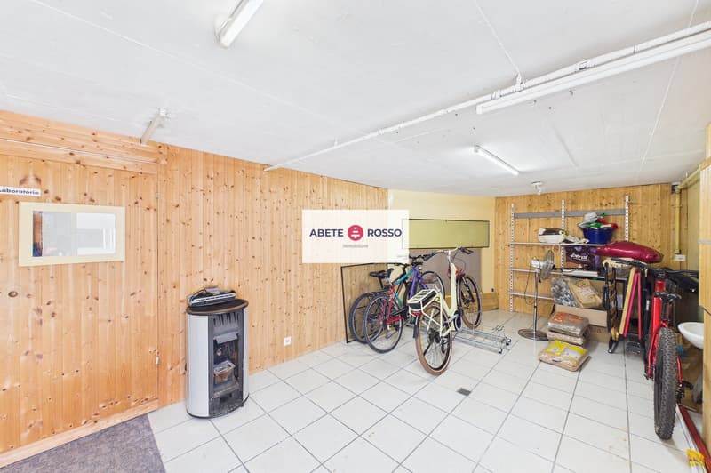 wooden walls, tiled floor, bicycles, storage shelves, fireplace, storage boxes, fan
