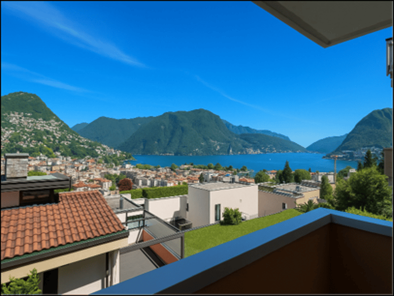 Balcony with a scenic view of a lake surrounded by mountains and buildings
