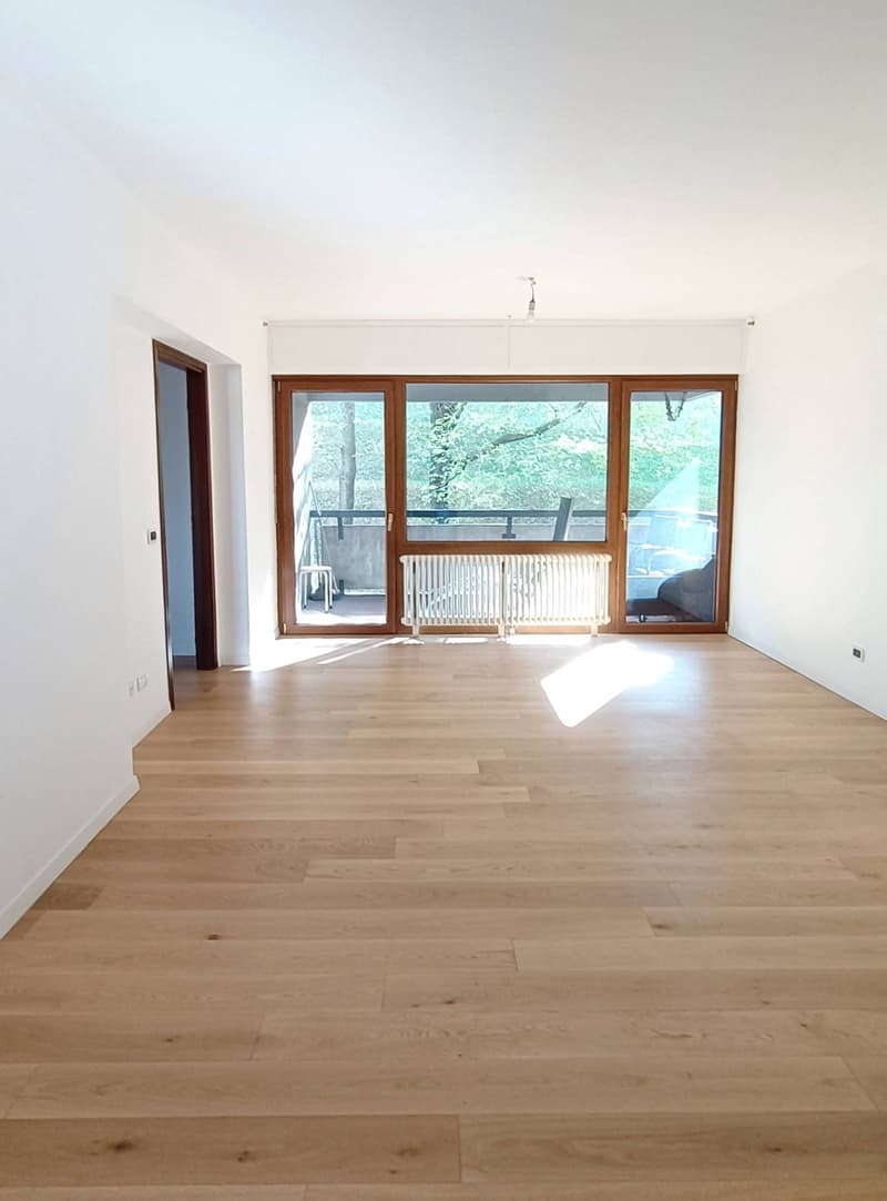 empty room with wooden floors, large windows, balcony, white walls, and a wooden radiator