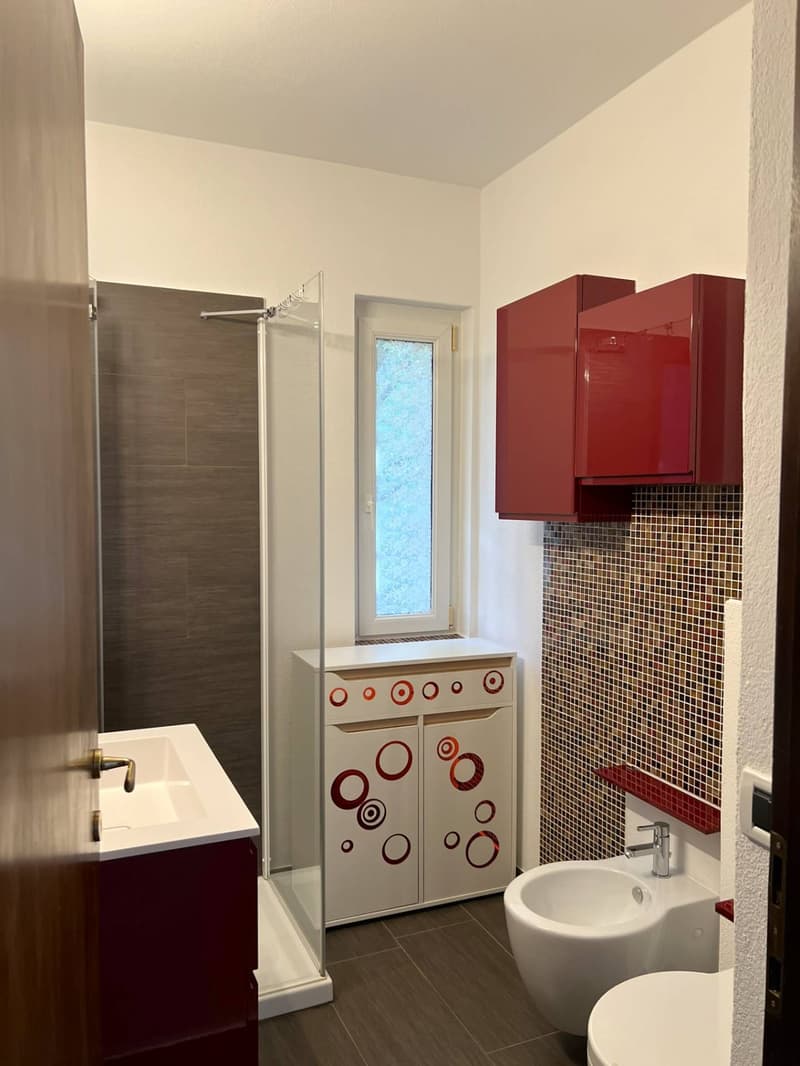 Bathroom with walk-in shower, sink, red cabinets, toilet, and window