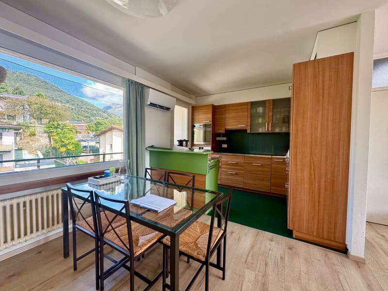 wooden flooring, dining table with four chairs, glass top, green kitchen with marble countertop, oven, AC unit, large window with mountain view, white radiator