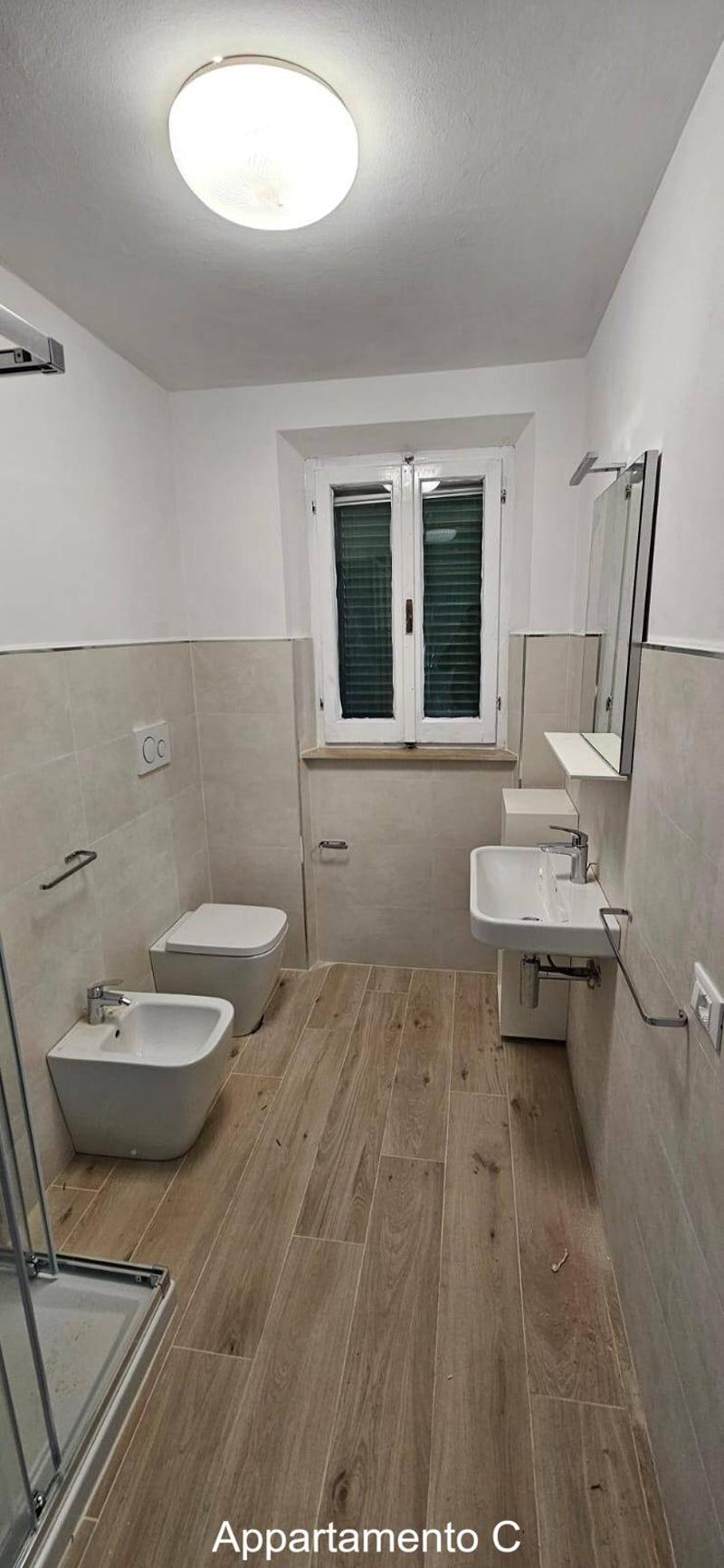 white tiles, wooden floor, shower, sink, toilet, bidet, mirror, window
