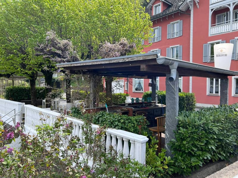 outdoor area with table, chairs, gazebo with metal roof, garden with flowers, greenery, fence