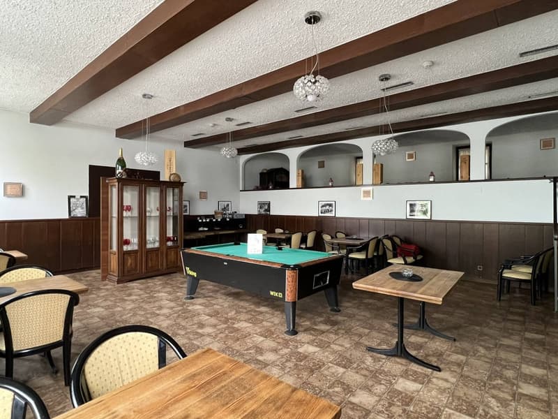 pool table, chairs, tables, wooden wall