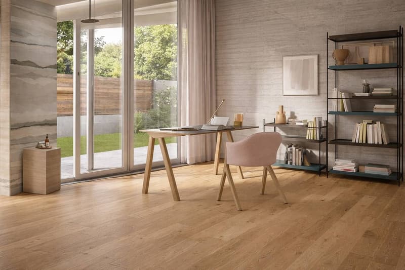 wooden floor, large windows, desk, chair, shelves, books, picture frame, outdoor view