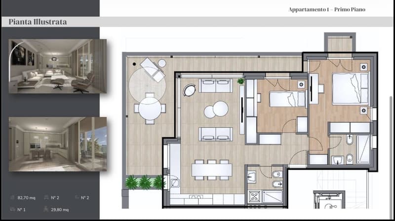 living room, kitchen, 2 bedrooms, 2 bathrooms, balcony