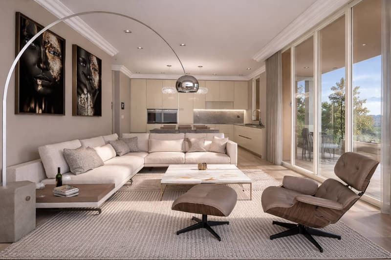large white sofa, coffee table, two armchairs, large windows, carpet, modern decor
