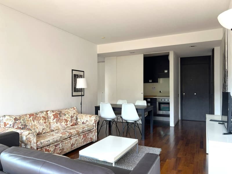 living room with couch, coffee table, dining table, chairs, lamp, TV, kitchen