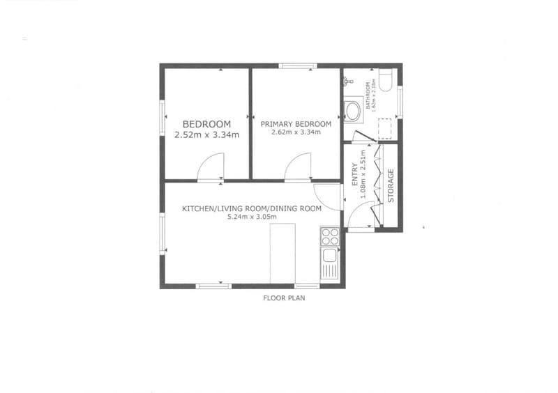 Floor plan with a primary bedroom, a second bedroom, a kitchen/living room/dining room, and a bathroom.