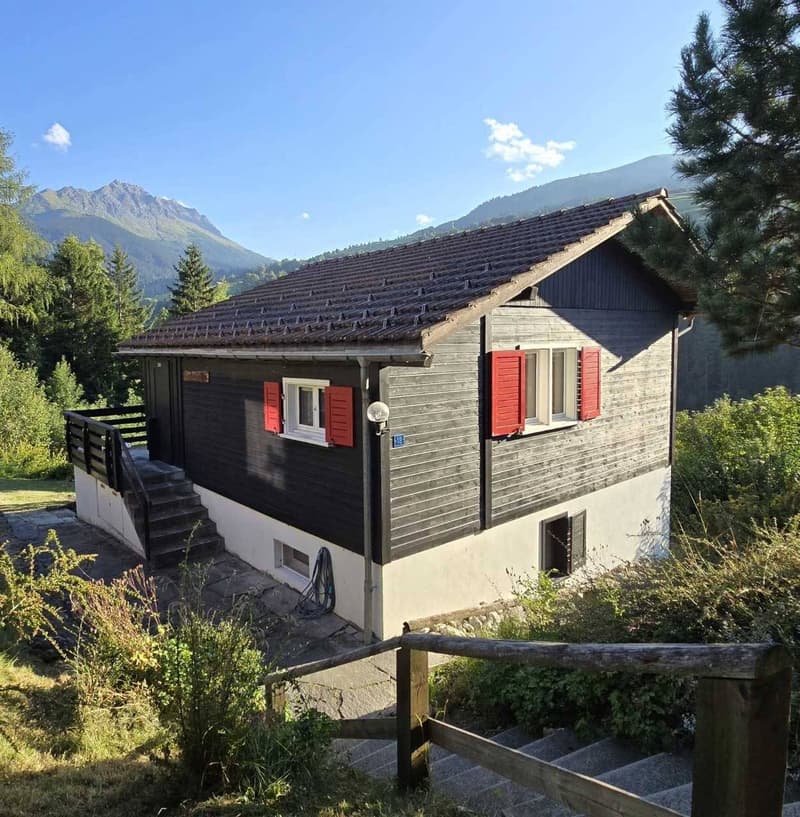 Detached house, wooden exterior, red shutters, black roof, surrounded by trees, mountain view