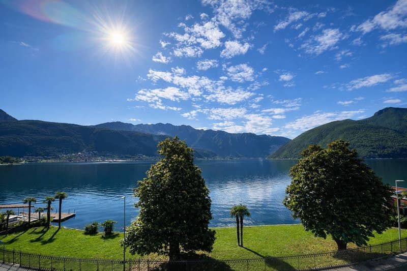 lake, mountains, trees, grass, dock, clear sky, sun