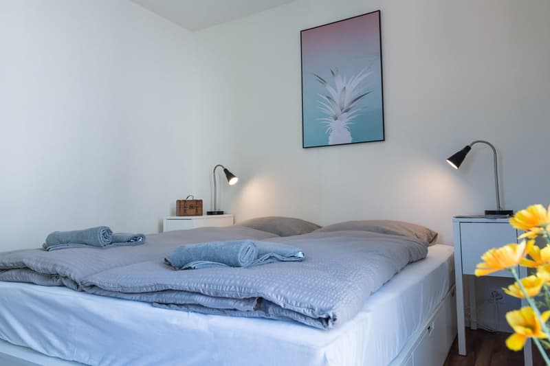 Spacious bedroom with a large bed, gray bedding, and a framed artwork on the wall. The room has white walls, two bedside lamps, and a small table with a decorative item. There is also a vase with yellow flowers on the table, adding a touch of color to the
