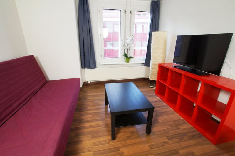 Spacious living room with hardwood flooring, large windows, a red storage unit, a black coffee table, and a pink sofa.