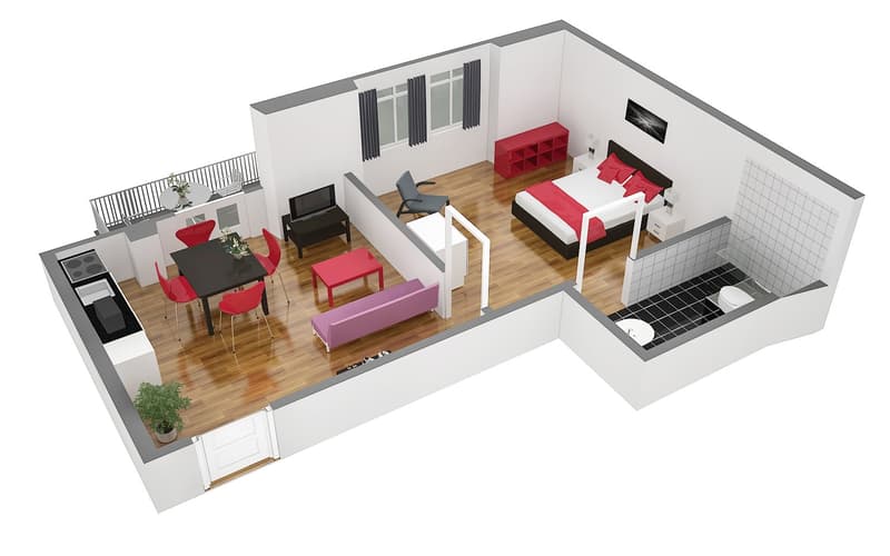 Open concept living room, dining room, and kitchen area. Bedroom with en-suite bathroom. Balcony.