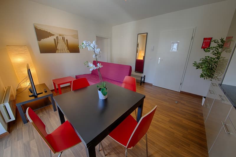 Spacious living room with hardwood floors, white walls, large windows, a pink sofa, a black dining table with red chairs, and decorative elements like a framed artwork, an orchid plant, and a potted plant.
