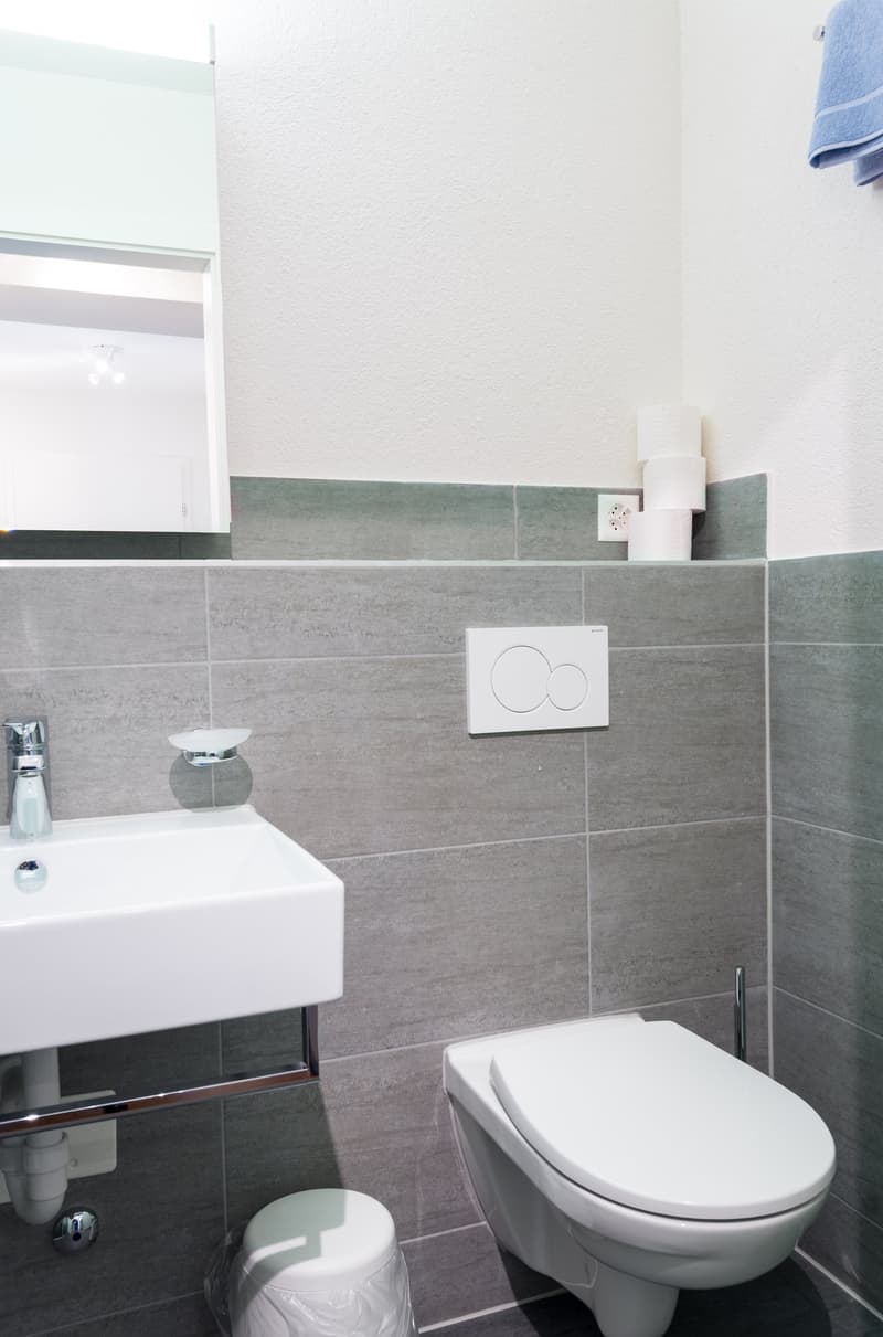 White toilet, white sink, gray tile walls, wall-mounted toilet flush button