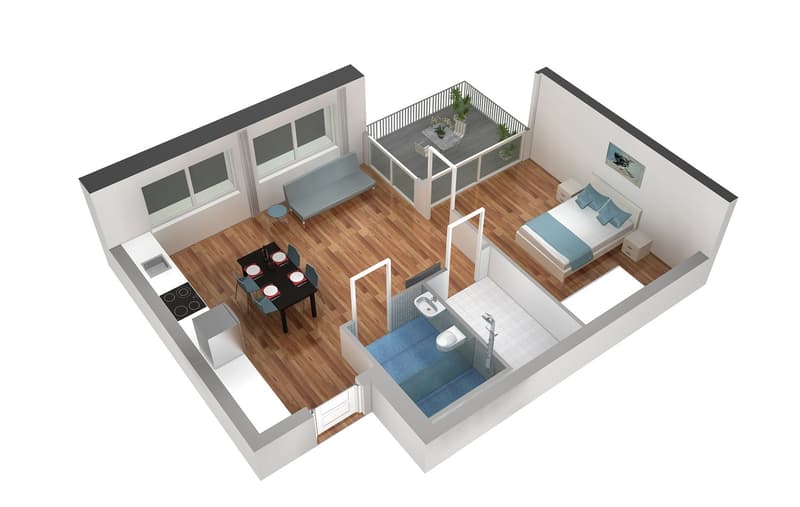Open concept living room, kitchen, and dining area, bedroom, bathroom, and balcony