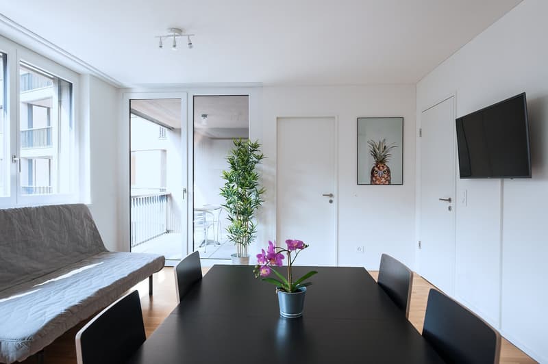 Spacious living room with large windows, gray sofa, black dining table and chairs, potted plant, and framed artwork on the wall. The room has a modern and minimalist design.